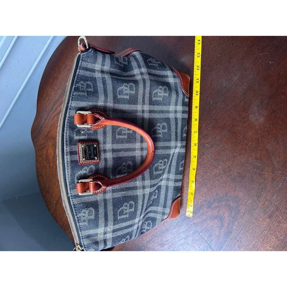 Dooney & Bourke Monogram Plaid Satchel Bag Leather Trim Cognac Gray